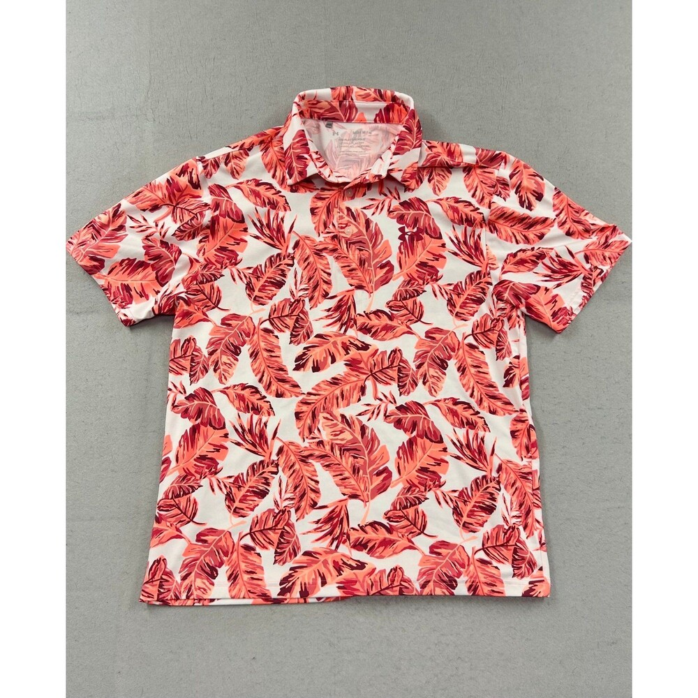 Under Armour The Playoff Polo Shirt Mens Medium Orange Floral Hawaiian Golf